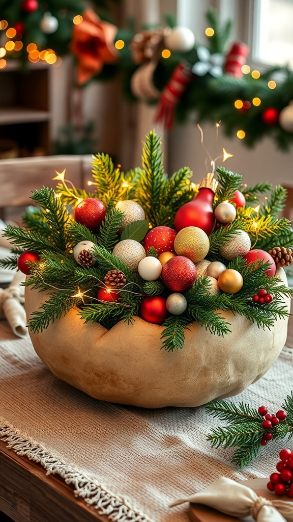 A festive dough bowl filled with greenery, ornaments, and candles on a rustic table.